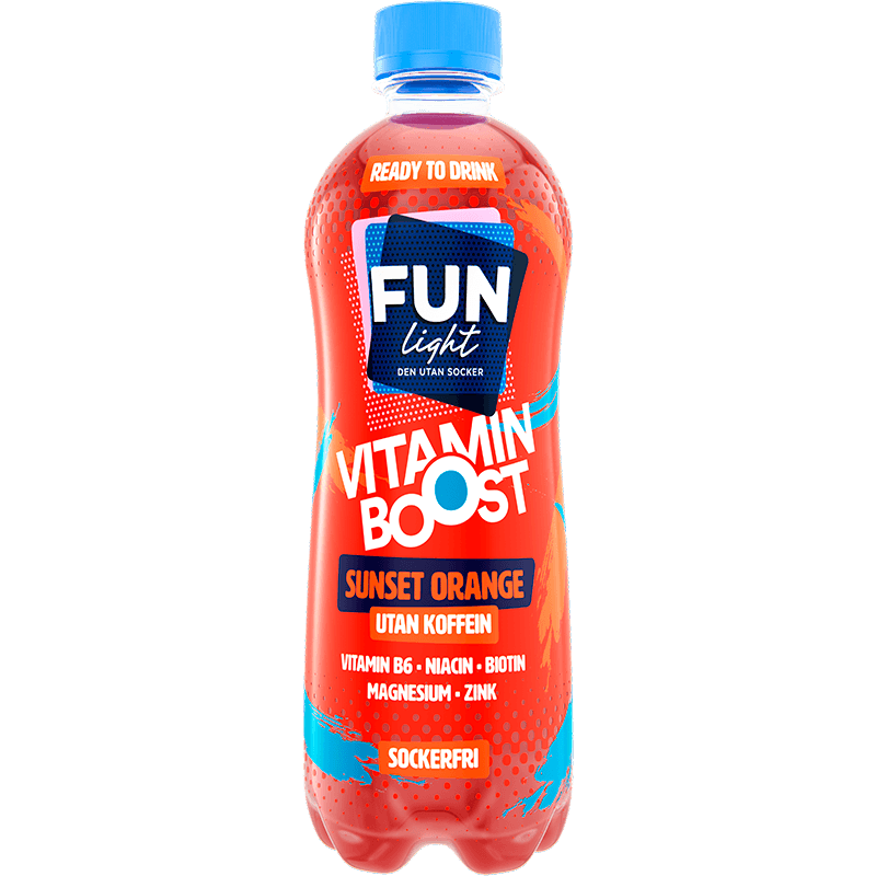 Fun light Ready to Drink, flaska med färdigblandad saft i samken sunset orange.