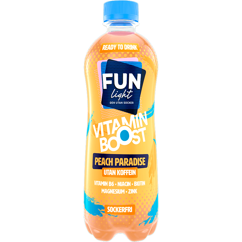Fun light Ready to Drink, flaska med färdigblandad saft i smaken peach paradise