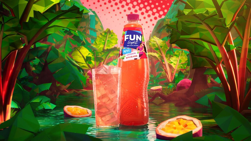 FUN light Passion Rhubarb i en djungel bland passionsfrukt och rabarber.
