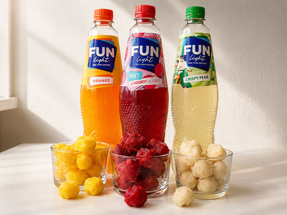 Sorbetbollar av FUN Light Orange, FUN Light Cherrylicious och FUN Light Crispy Pear.